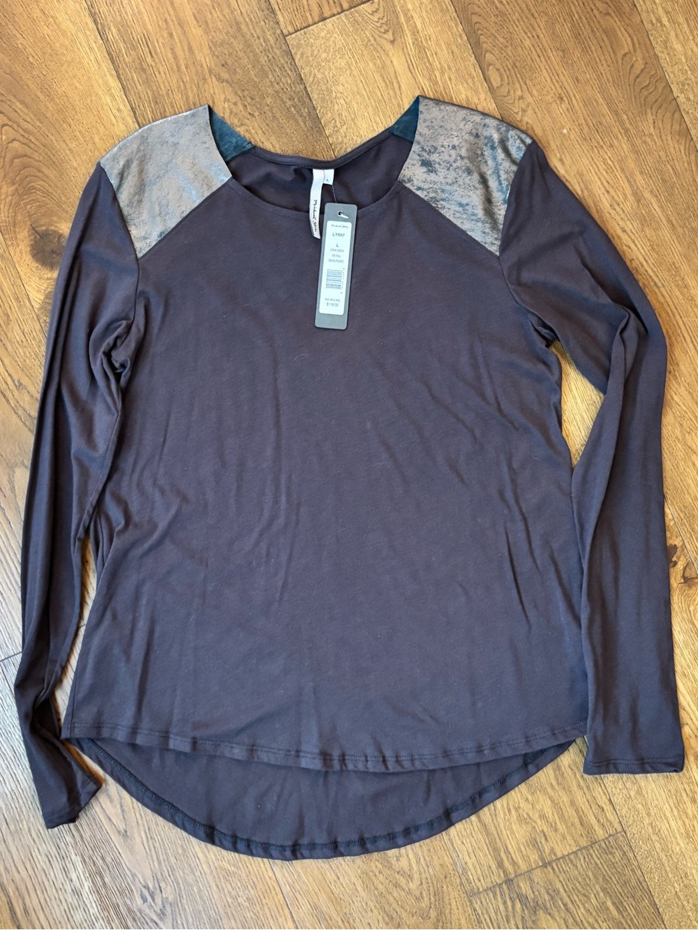 NEW Michael Stars Long Sleeve Crewneck Top with Leather Shoulders